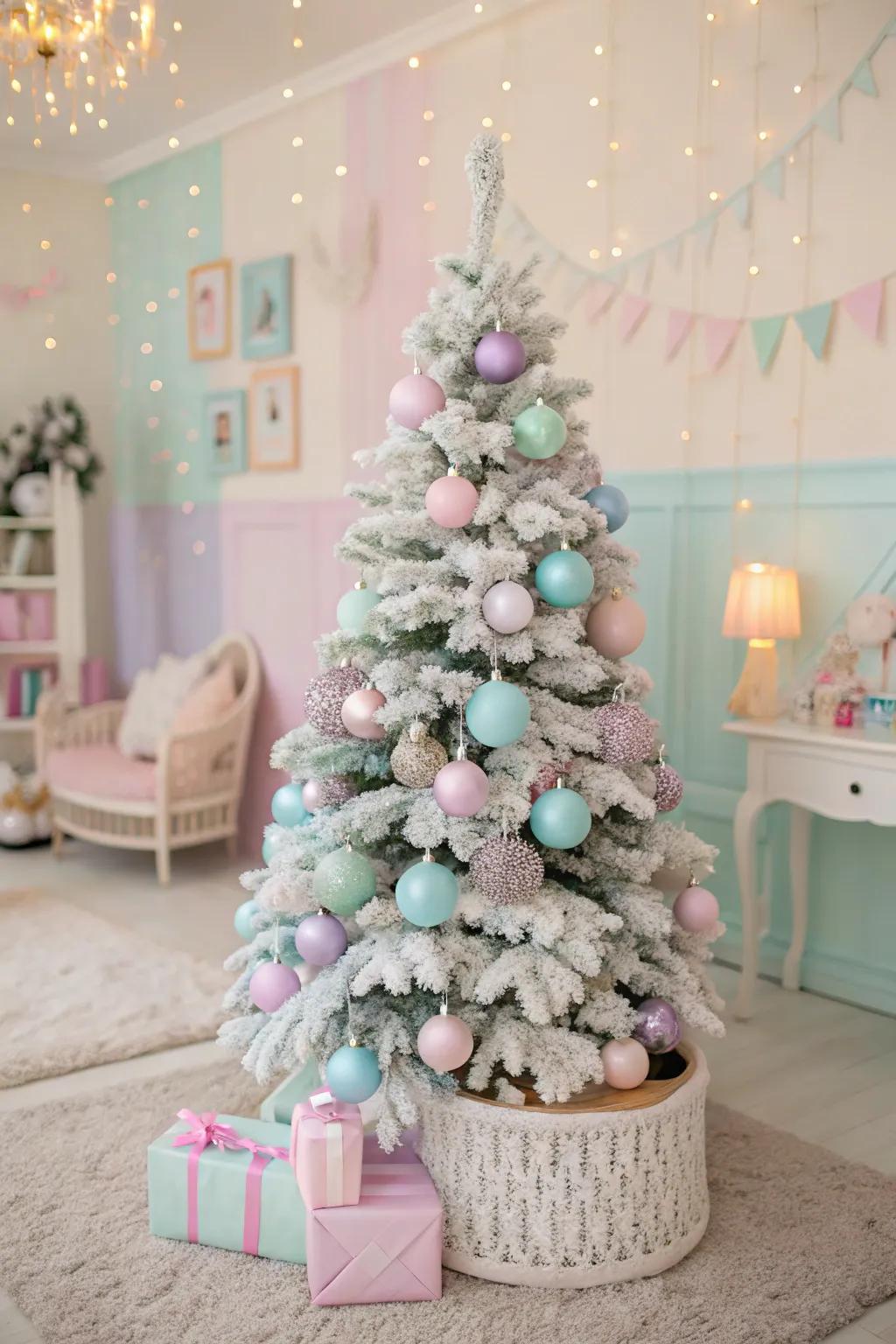 A playful pastel-themed flocked Christmas tree.