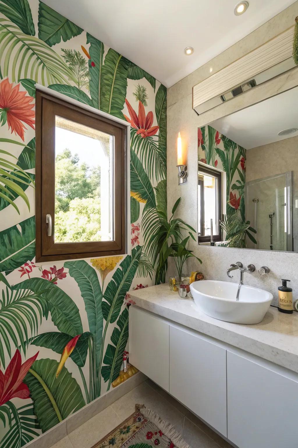 Tropical wallpaper transforms the space into a vibrant paradise.