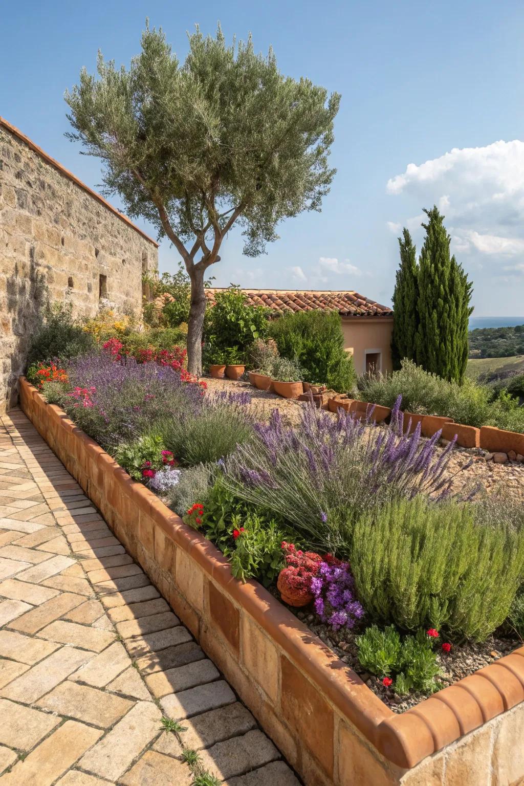 Terracotta tiles add a warm, Mediterranean vibe to flower beds.