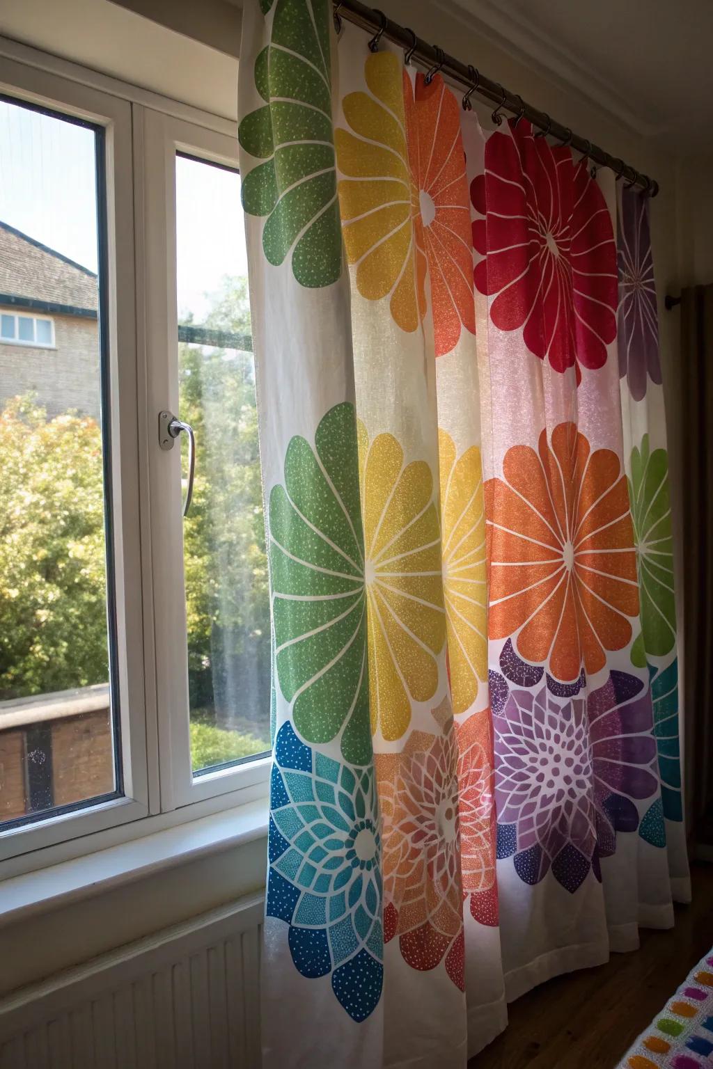 Floral curtains in a color wheel pattern brighten up any room.