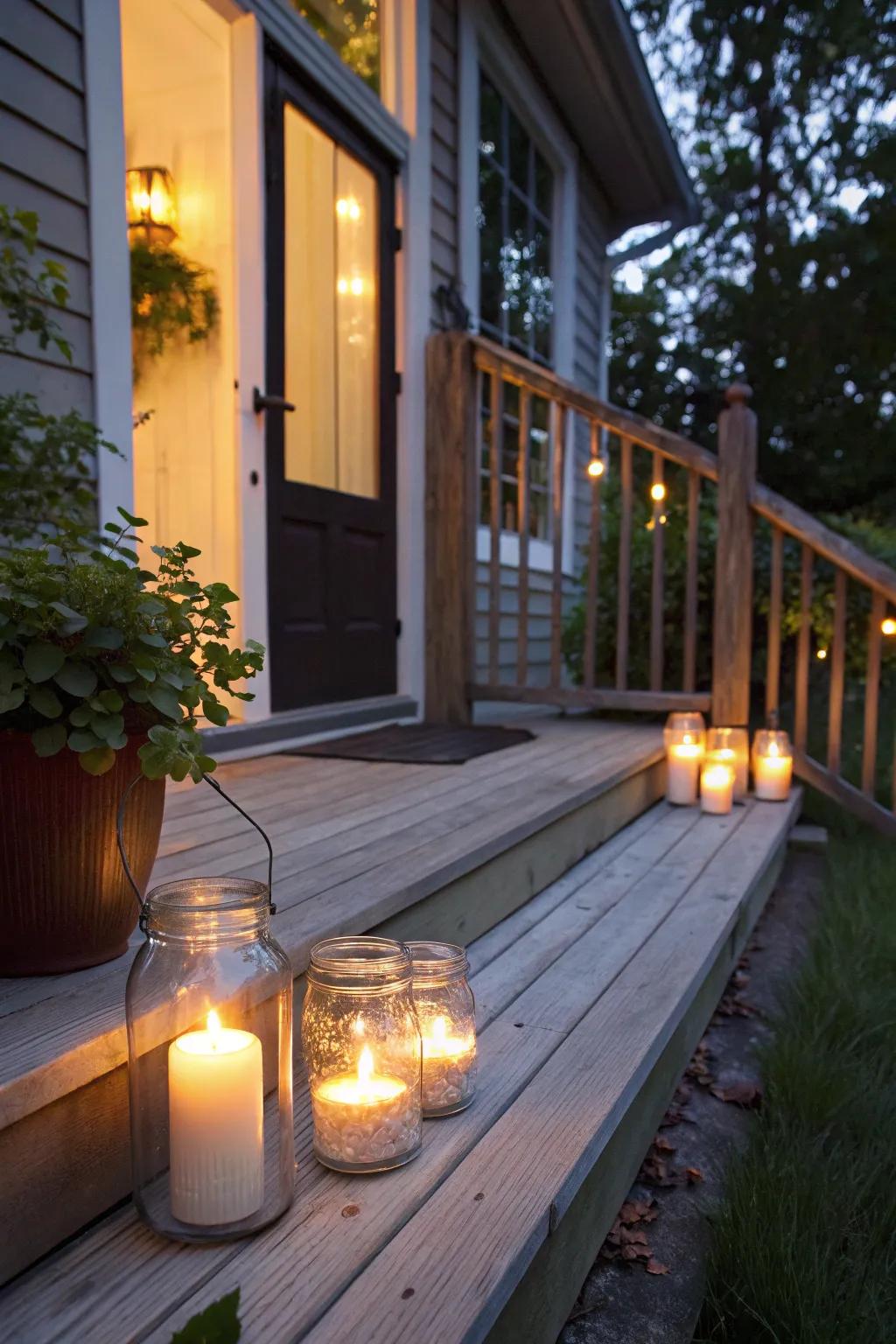 Candles in jars create a cozy, flickering ambiance.