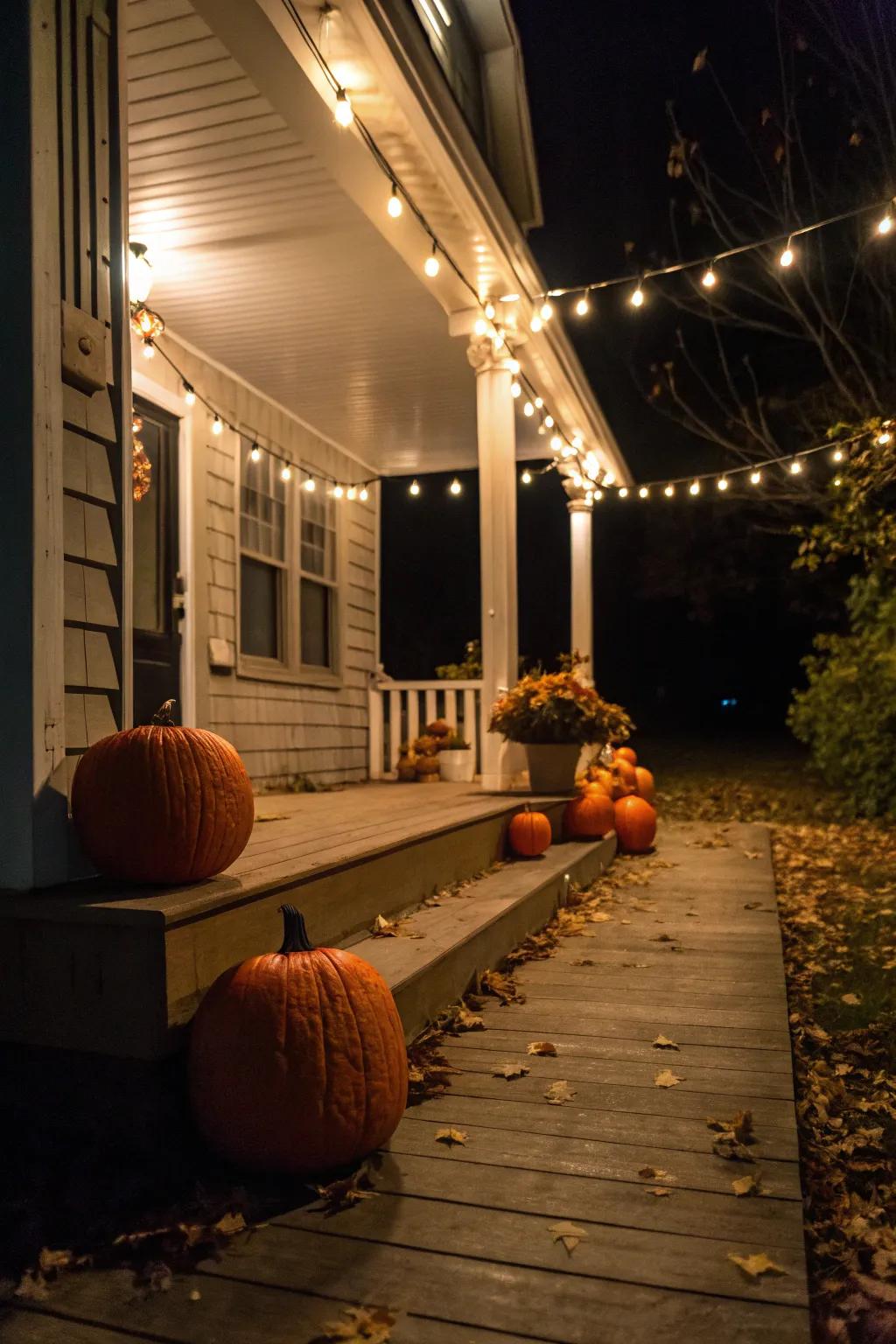 String lights create a magical ambiance among pumpkins.