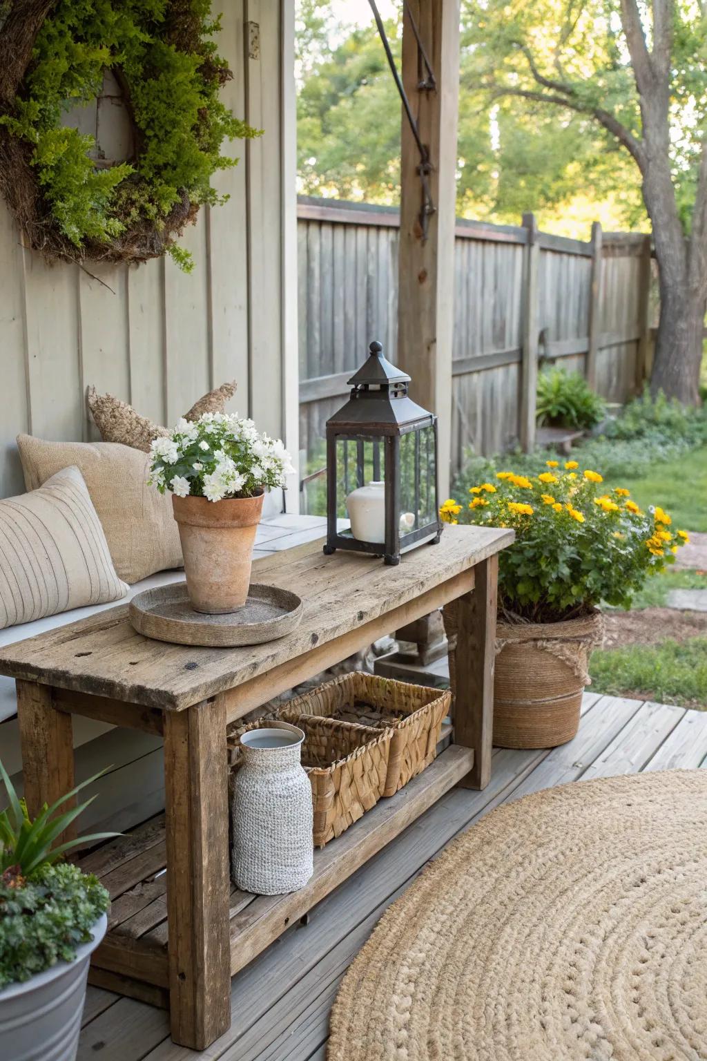 A reclaimed wood table brings history and beauty to your porch.