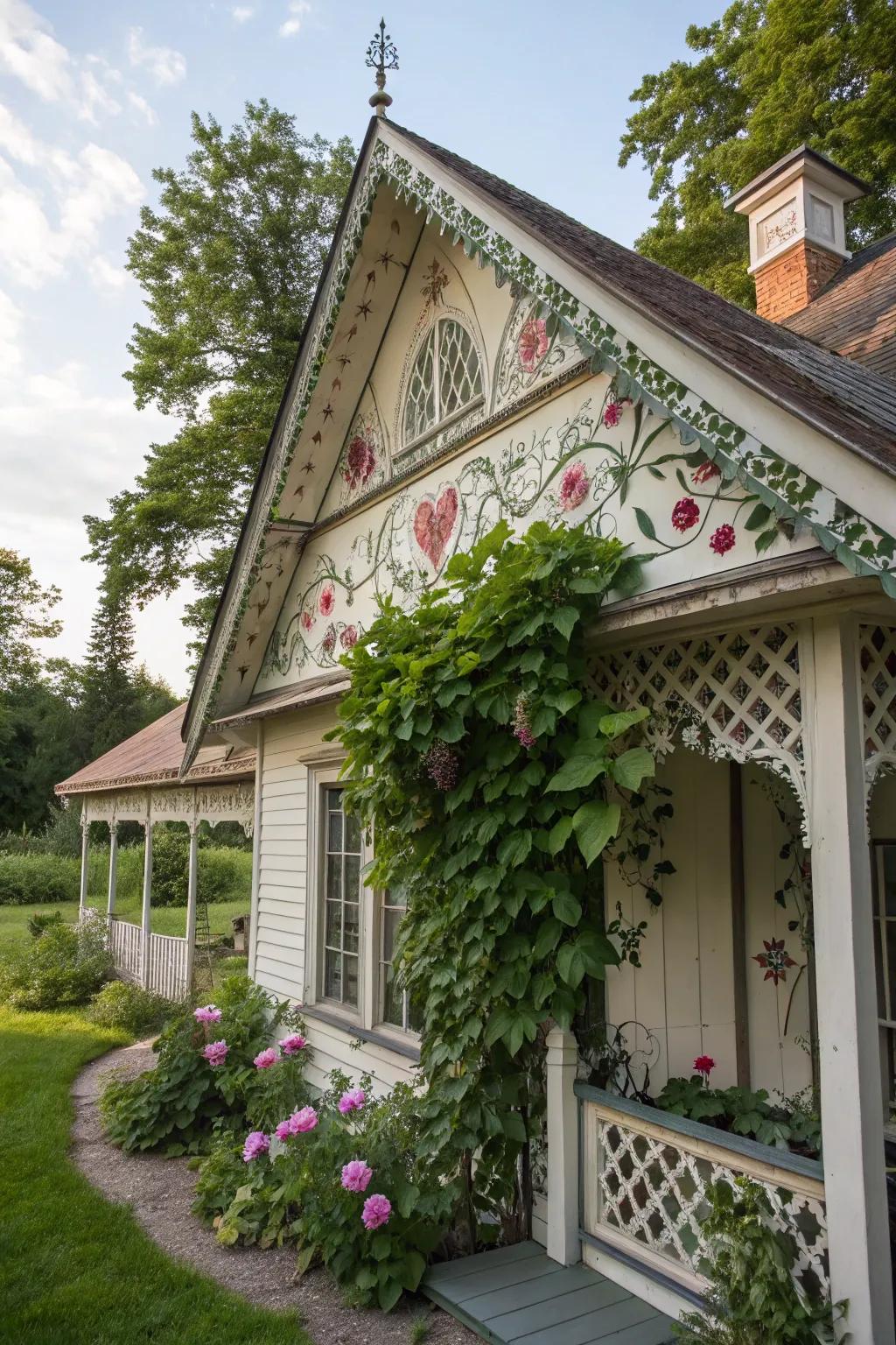 Nature motifs connect gables to surroundings.