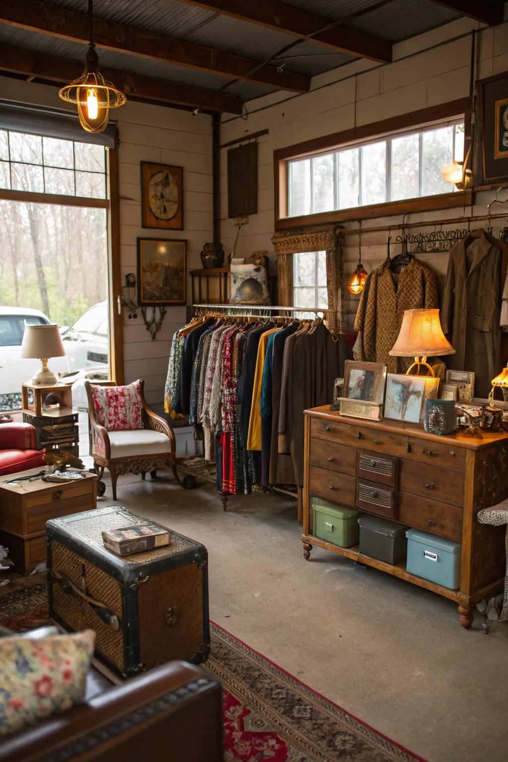 Vintage finds adding charm and nostalgia in a garage boutique.