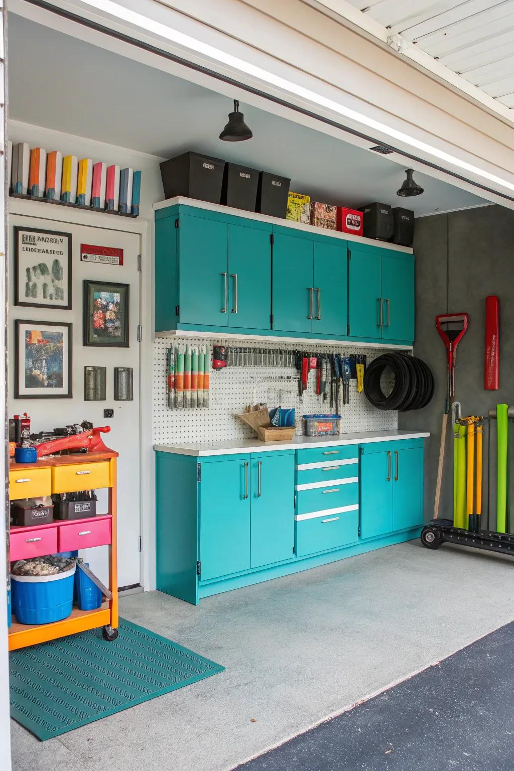 Teal cabinets add a creative and playful touch.