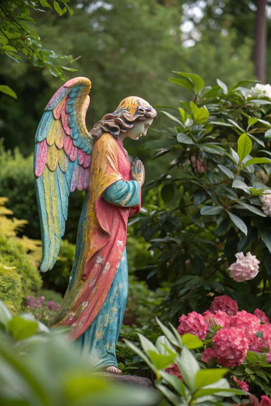 Colorful painted angel brightening the garden.