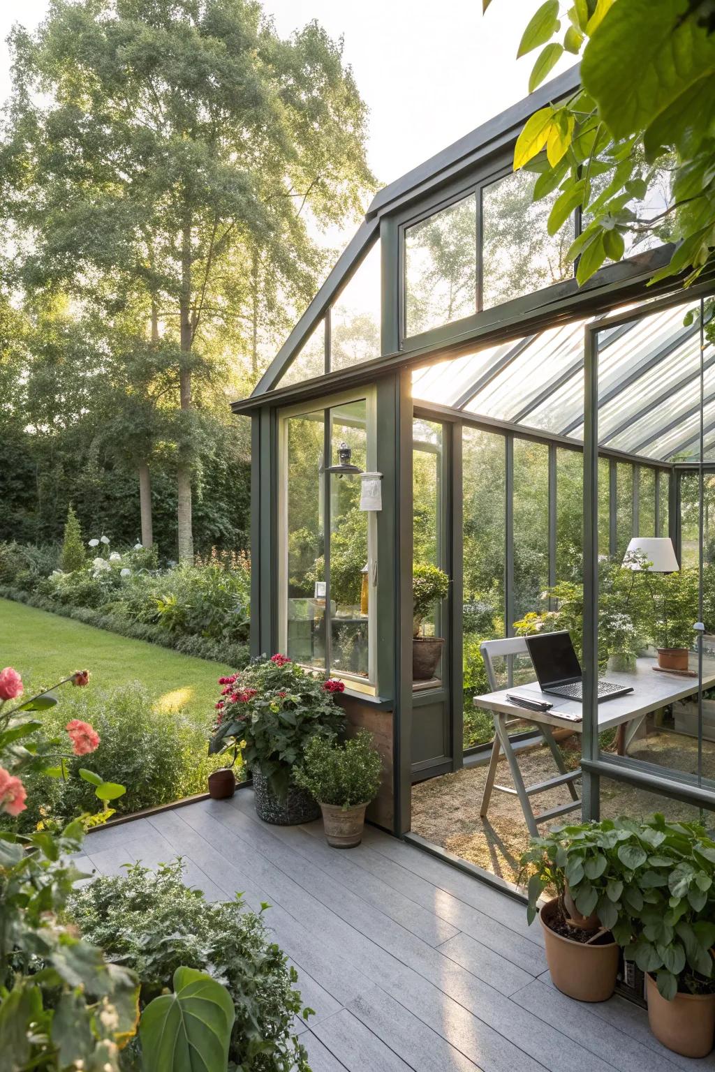 A greenhouse-style garden office, merging work with a love for plants.