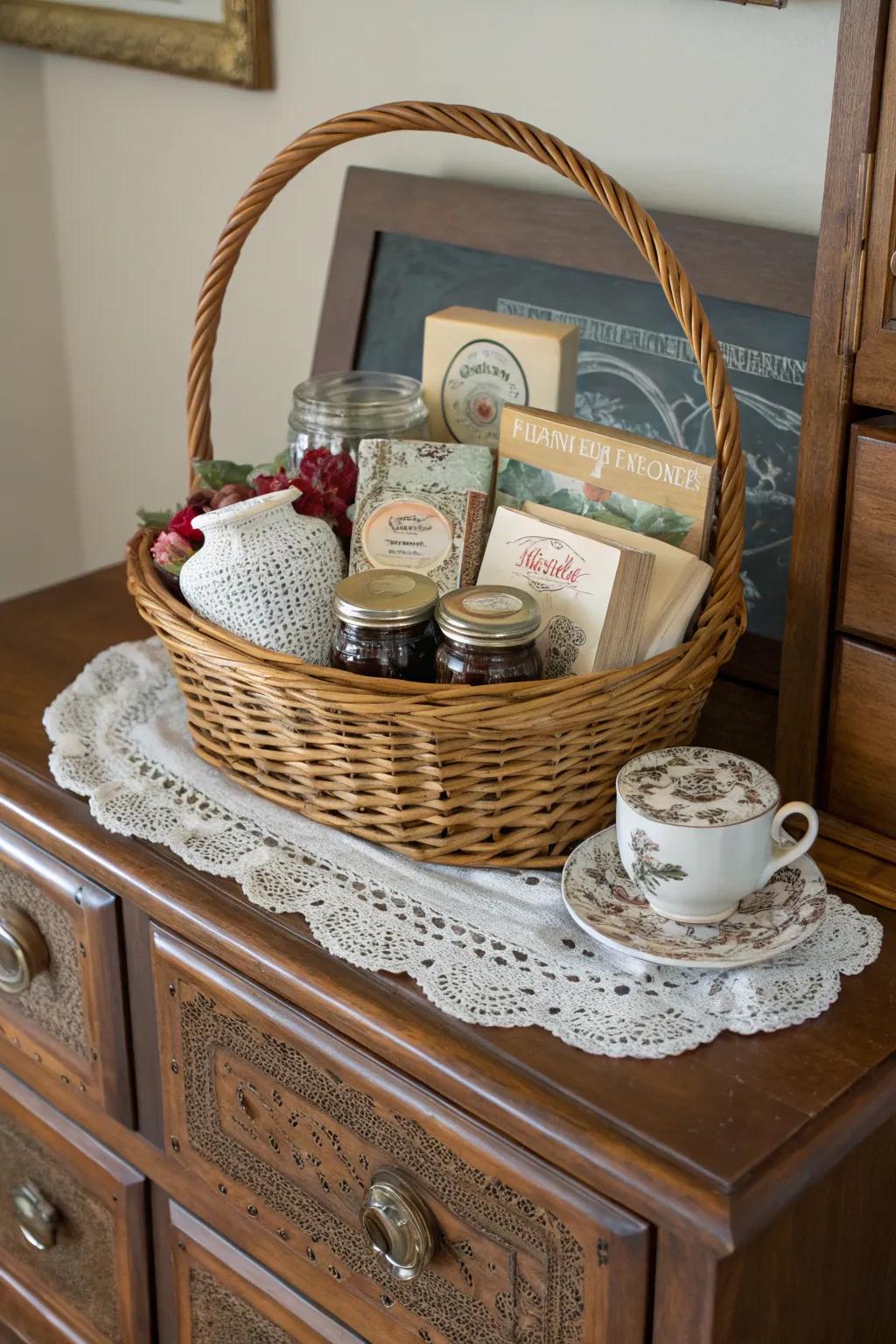 A vintage-themed gift basket with nostalgic elements.