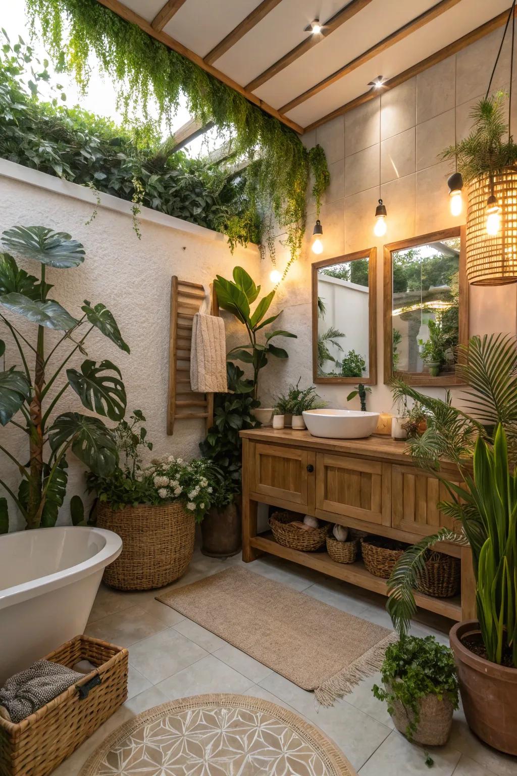 A bathroom with lush plants and natural decor elements.