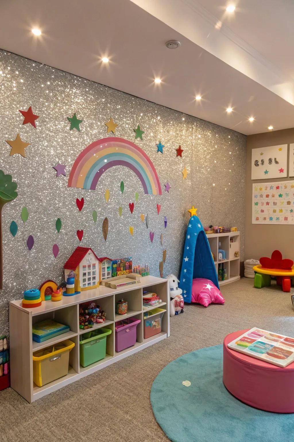 A glitter accent wall adds fun to a children's playroom.