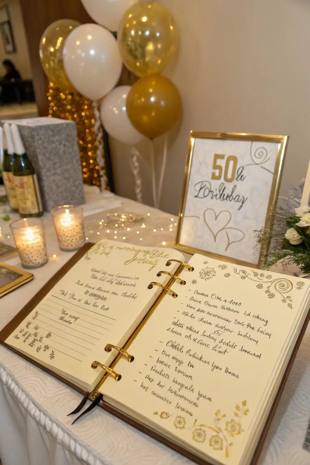 A gold-themed guest book captures heartfelt messages from loved ones.