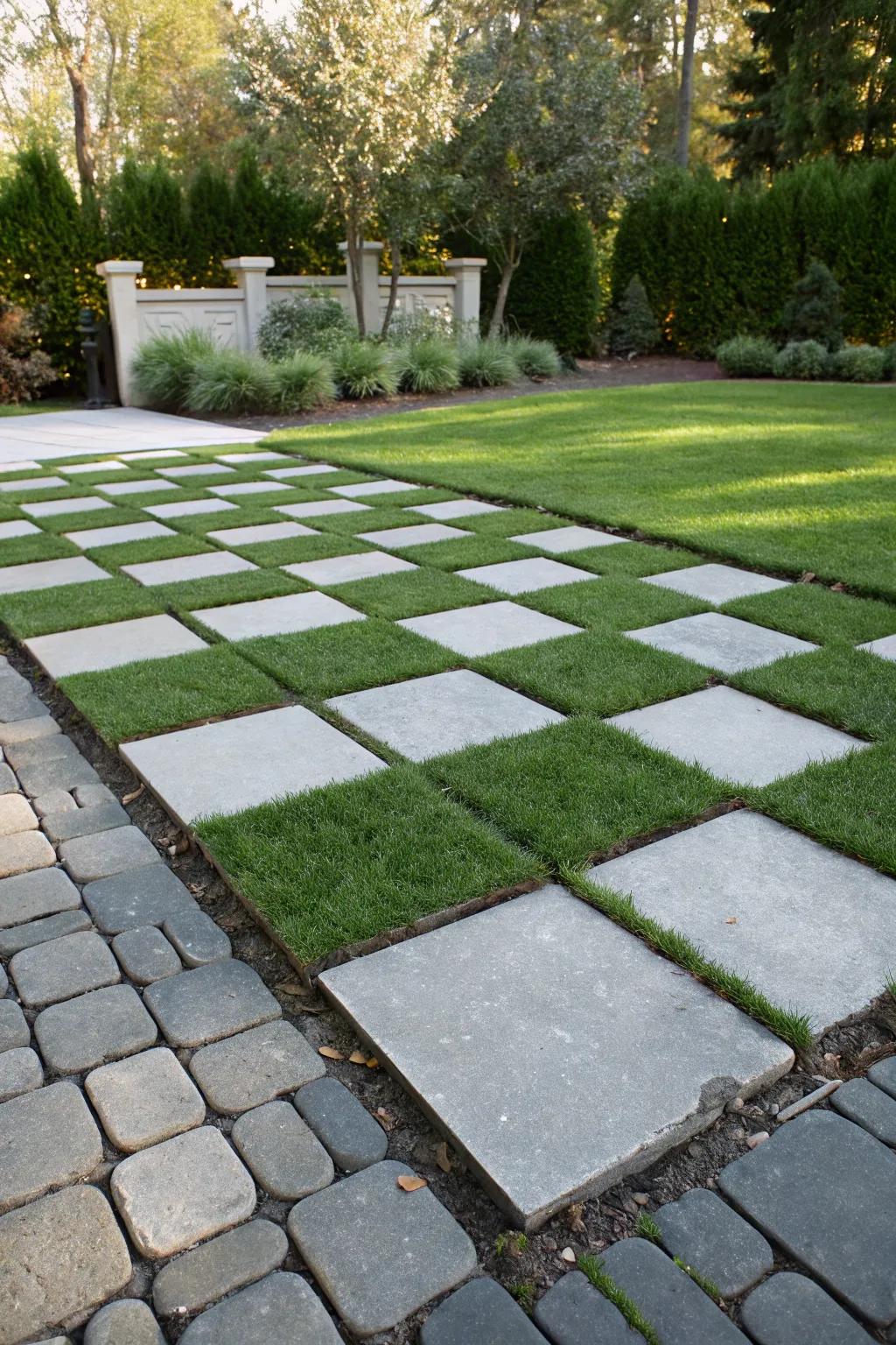 A playful checkerboard effect with turf and stone.