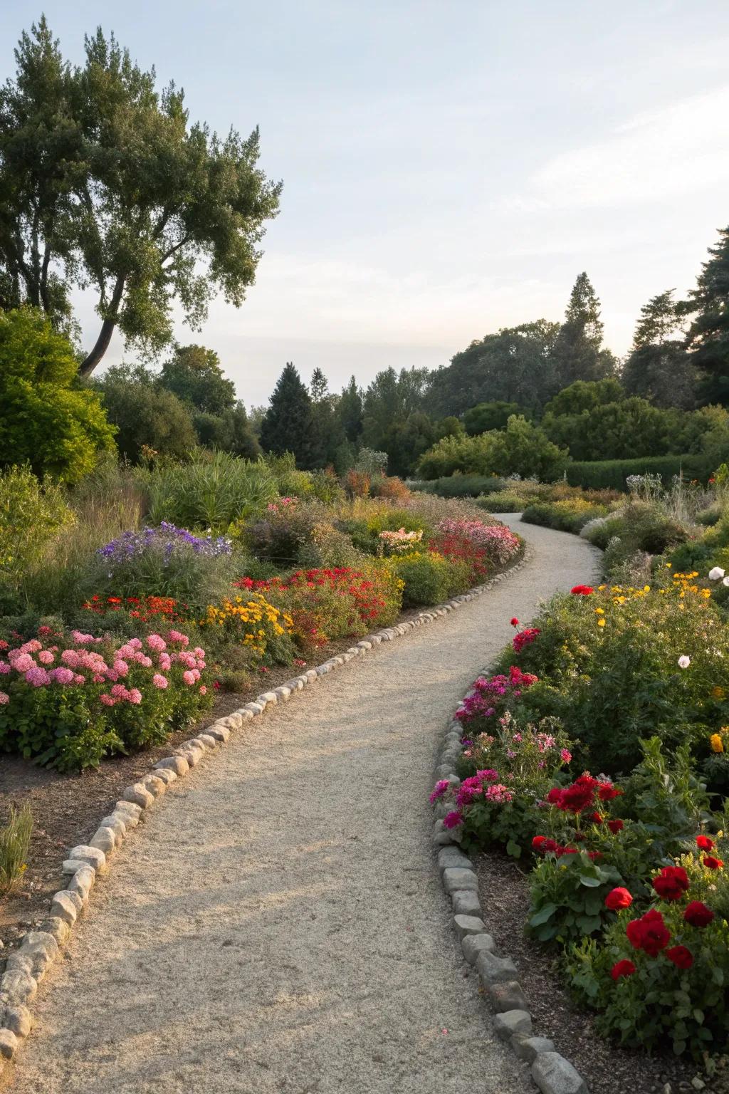 Organic pathways through a gravel flower bed