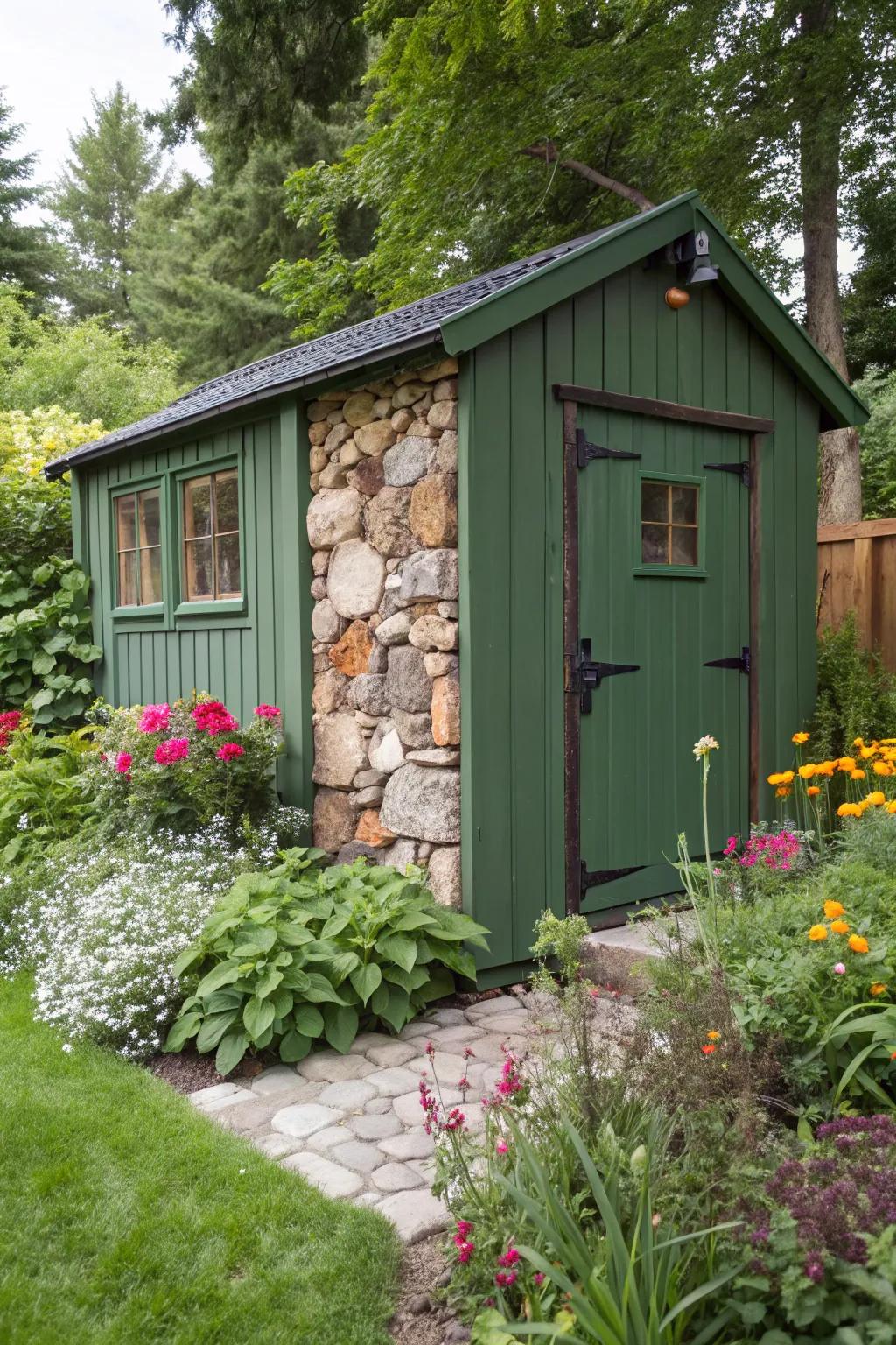 Blending textures adds depth to a green shed's design.