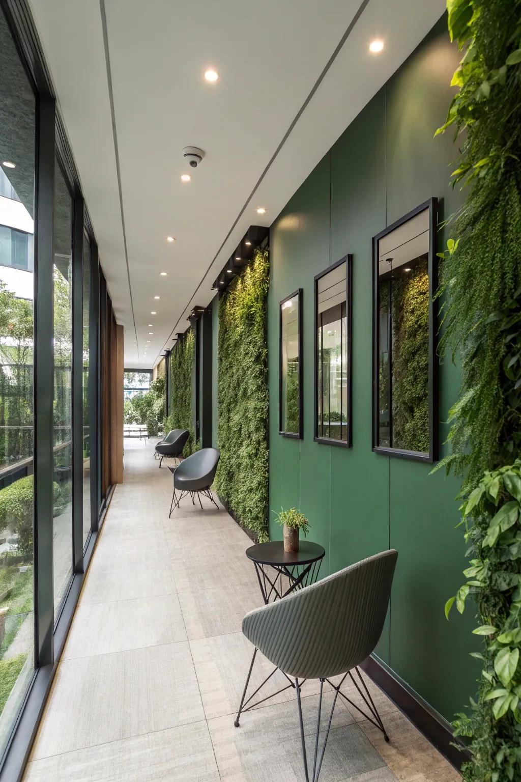 Mirrors enhance the beauty of a green wall in a stylish hallway.