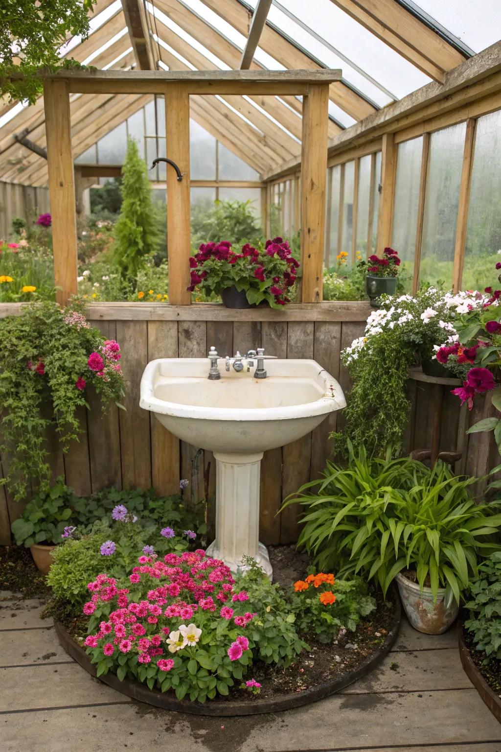 A whimsical sink garden that adds color and charm to a greenhouse.