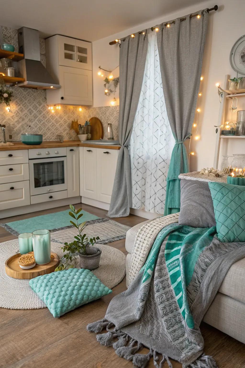 Textiles in grey and turquoise add warmth and texture.