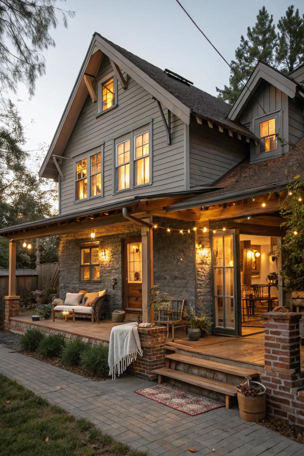 Rustic charm with grey and barn-style lighting.