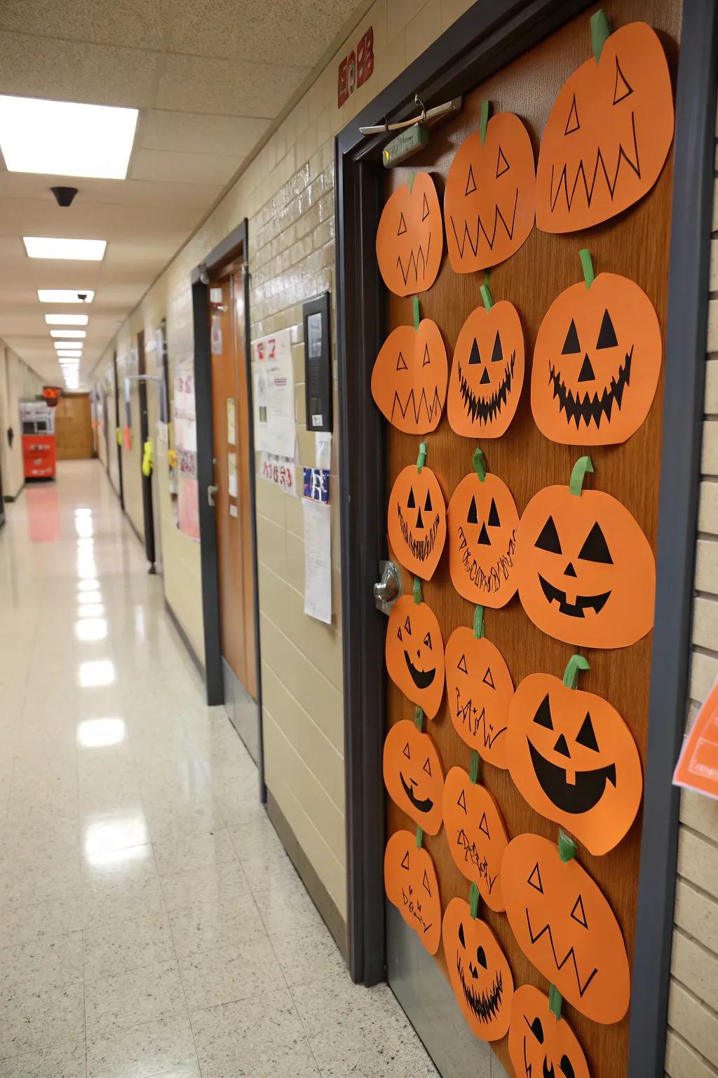 A door adorned with jack-o'-lanterns, each with a unique expression.