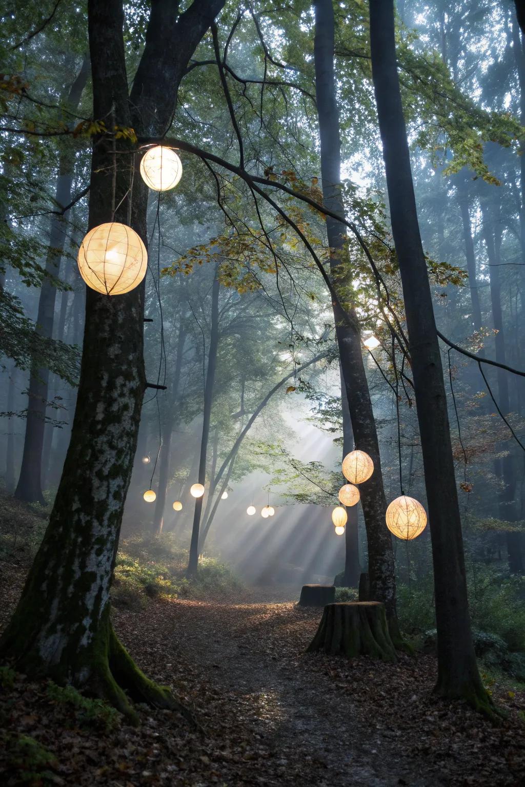 Mysterious orbs cast an ethereal glow in the forest.