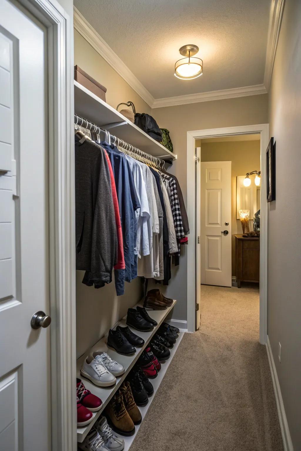 A pull-down rod in a hallway closet for maximizing hanging space.