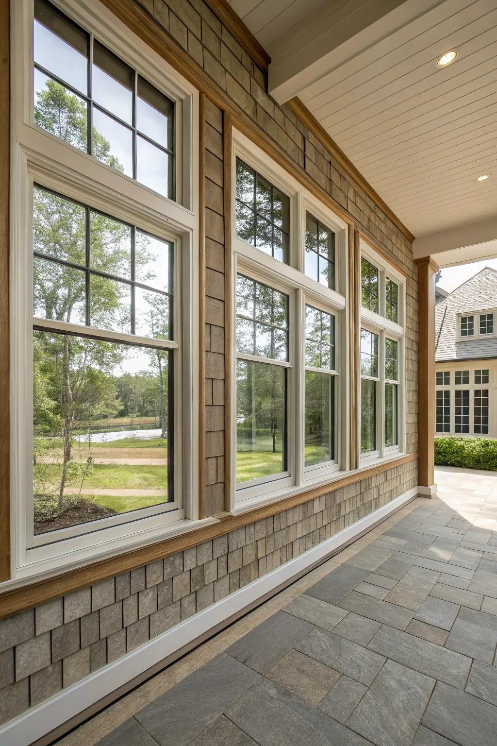 Segmented frames create an illusion of larger, elegant windows.