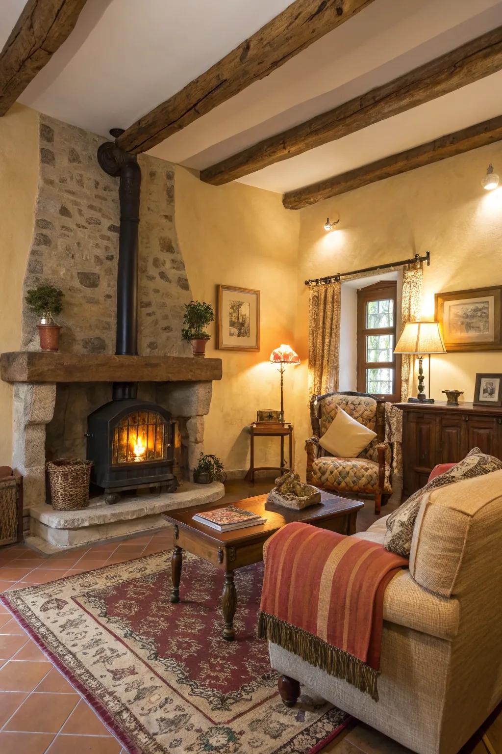 A traditional living room featuring a masonry heater, serving as both a functional and decorative element.