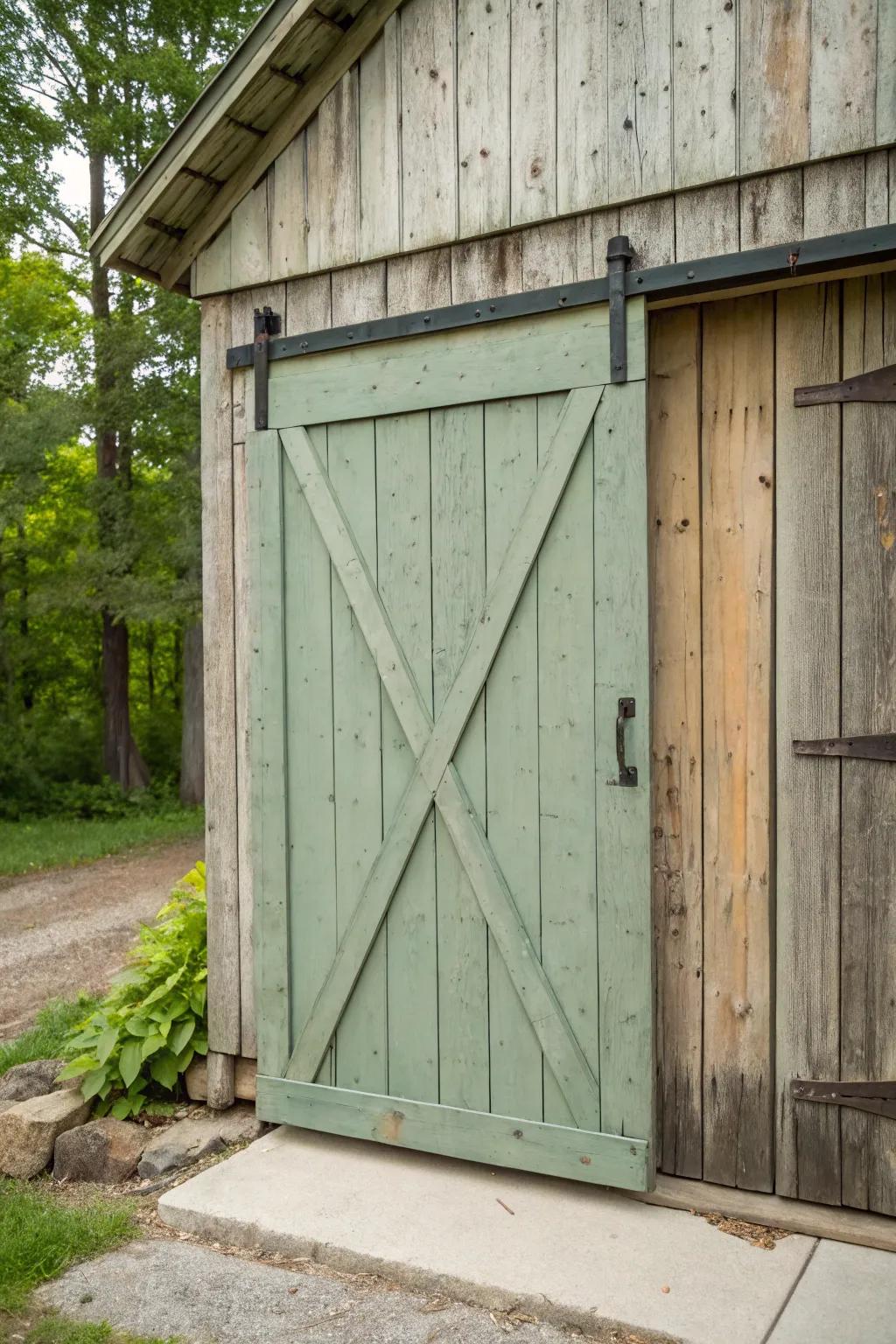 A barn door cleverly hidden within a rustic design.