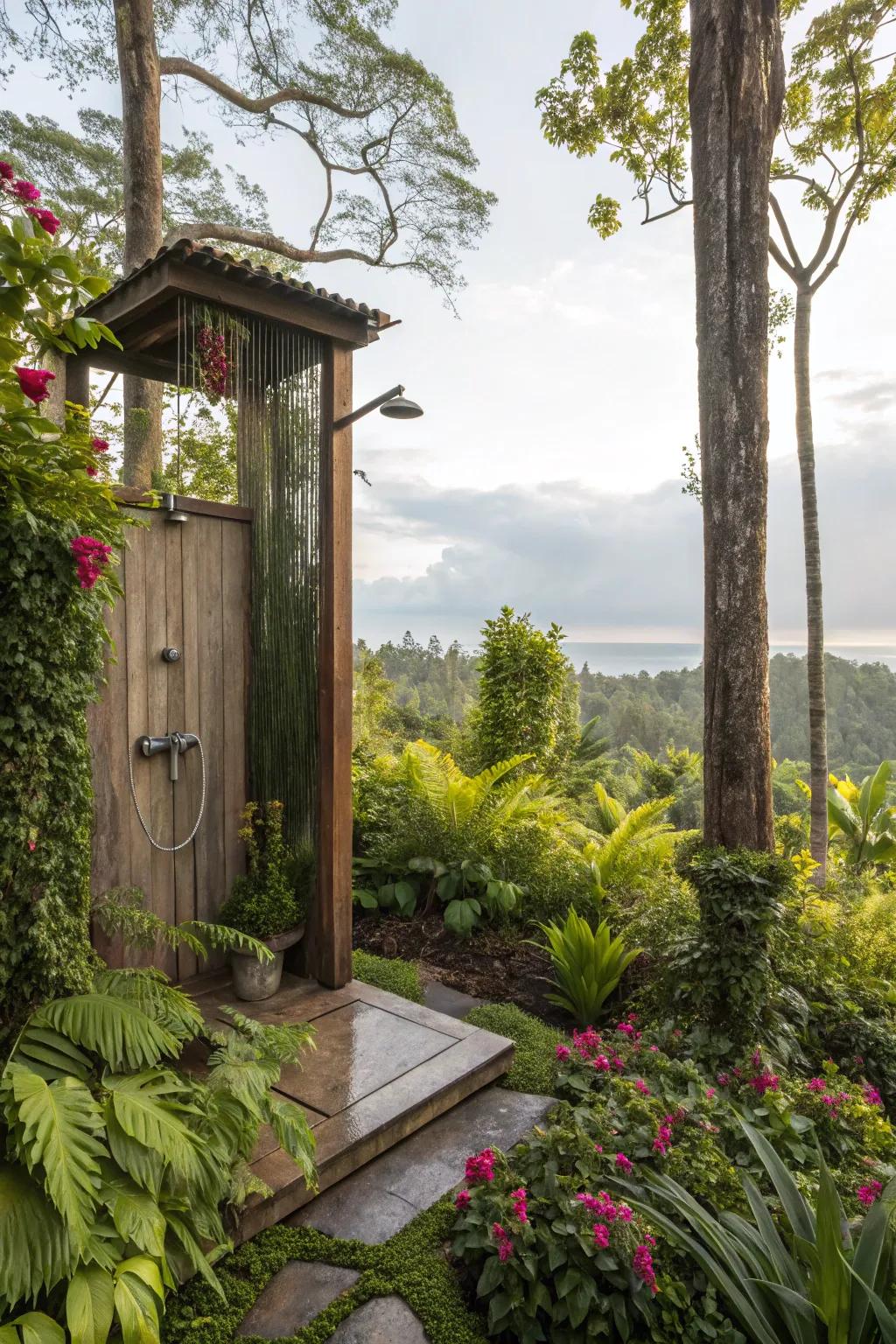 Elevated garden showers offer a seamless blend of nature and luxury.