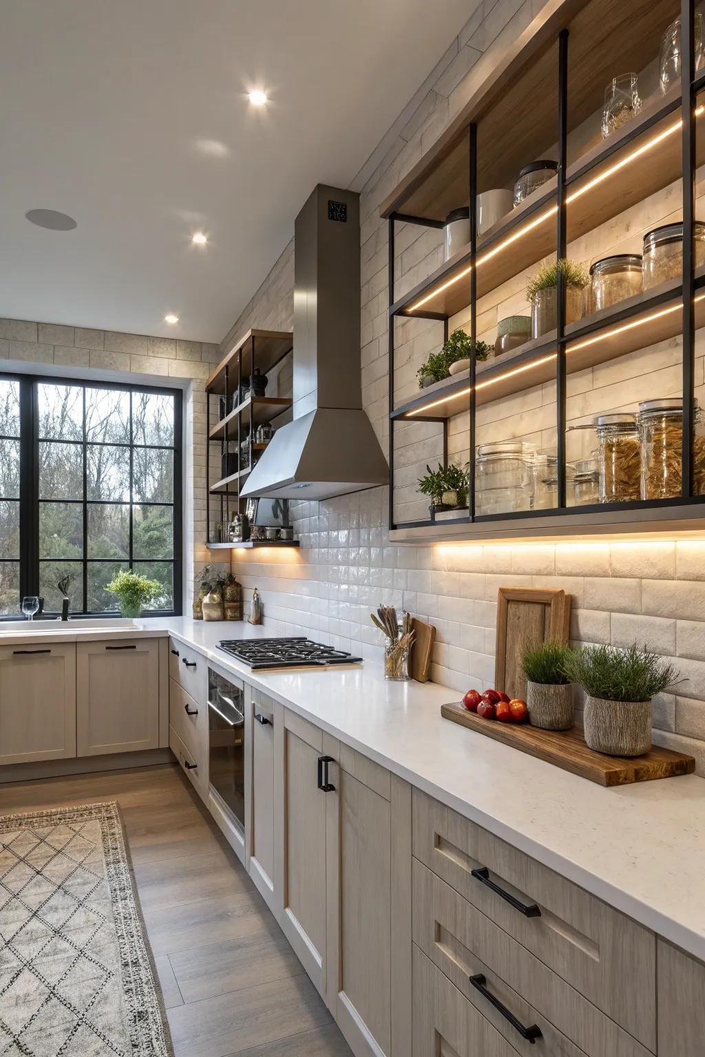 Backsplash with integrated shelves for added functionality.