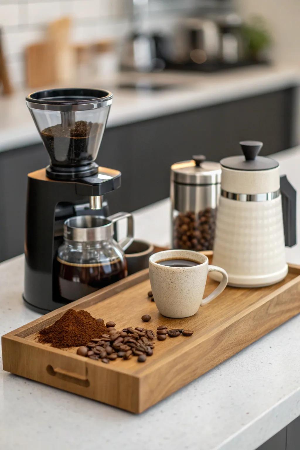 A minimalist coffee station offers a serene and focused space for coffee lovers.