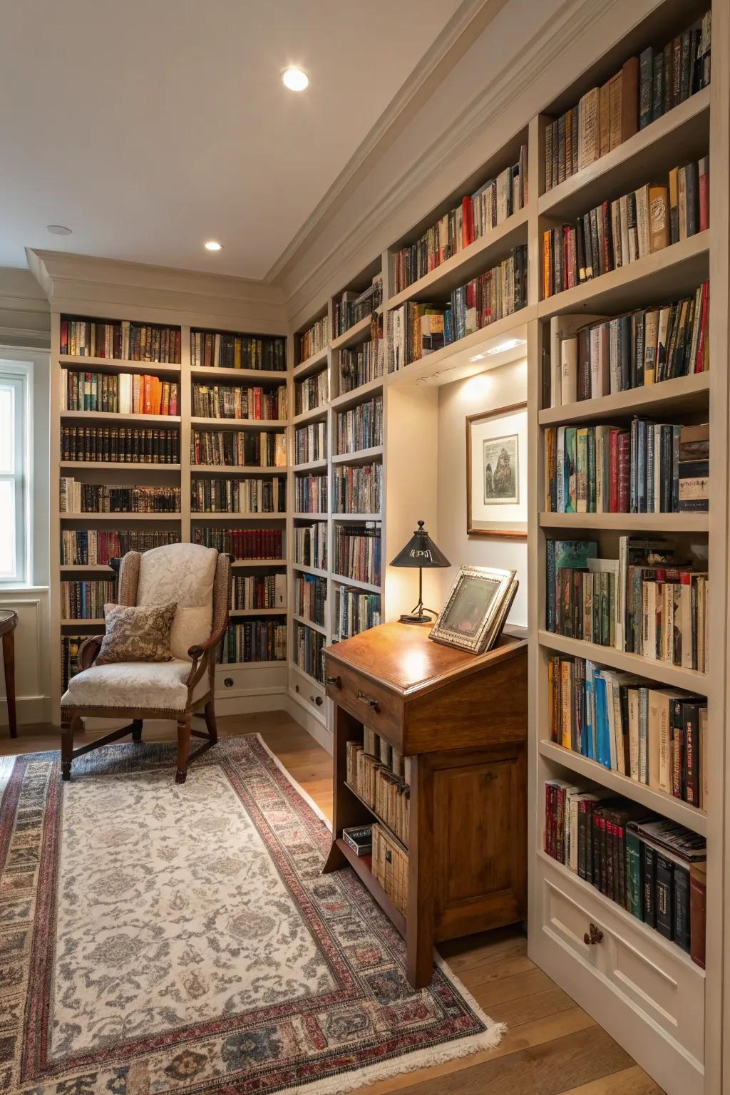 Floor-to-ceiling shelves add drama and maximize space.