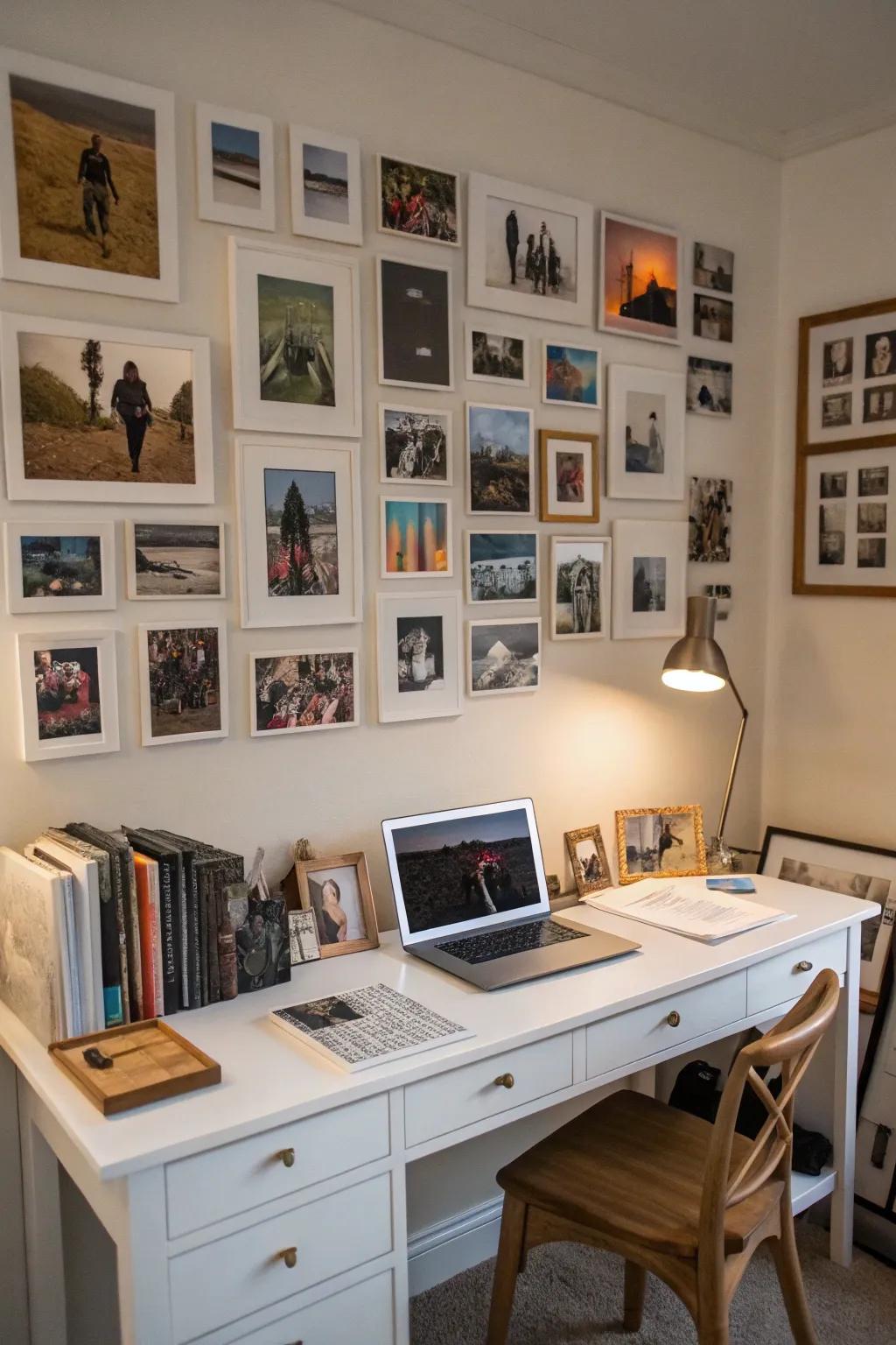 A photo collage wall showcases cherished memories.