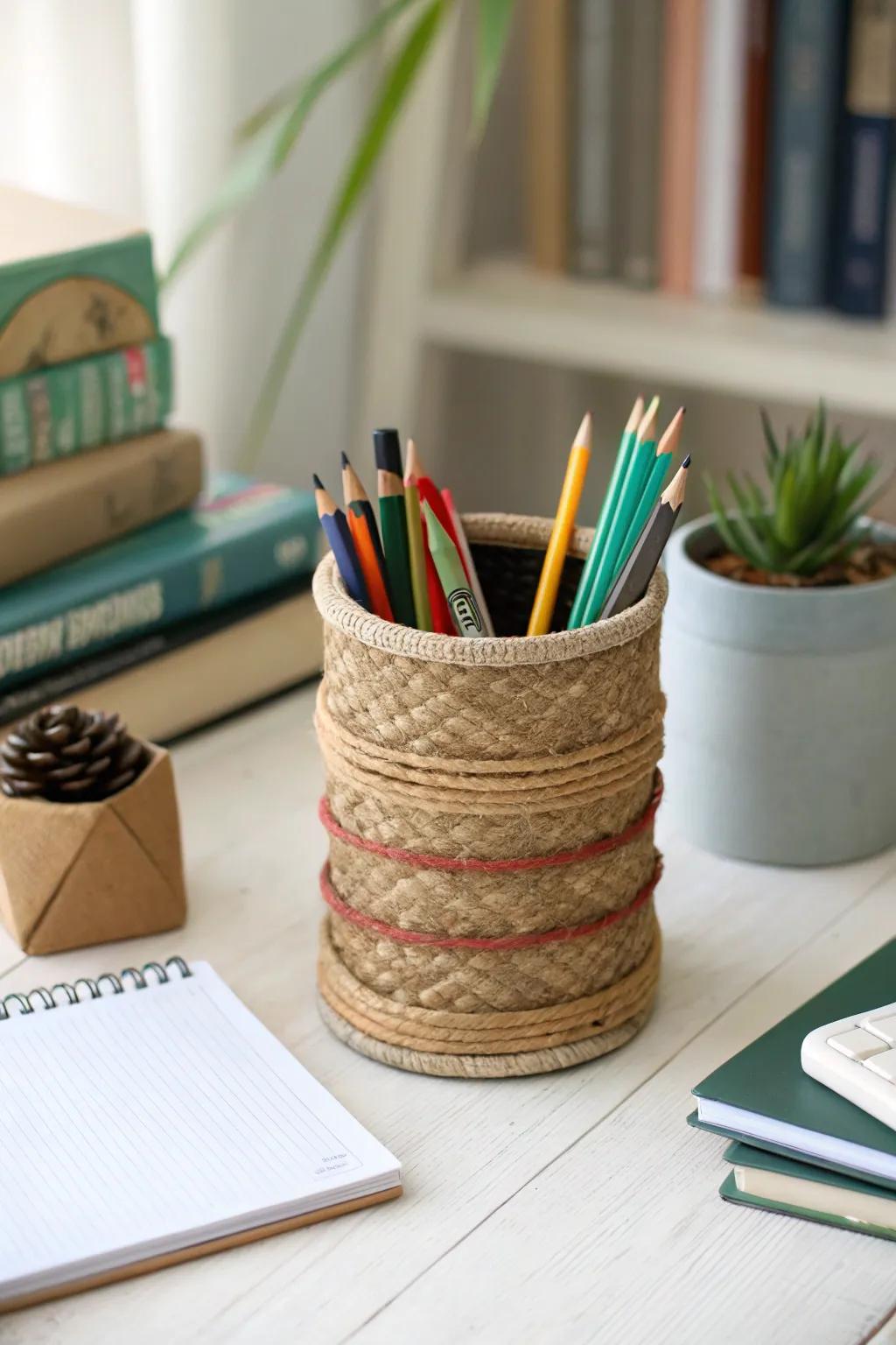 A creative pencil holder crafted from recycled materials.