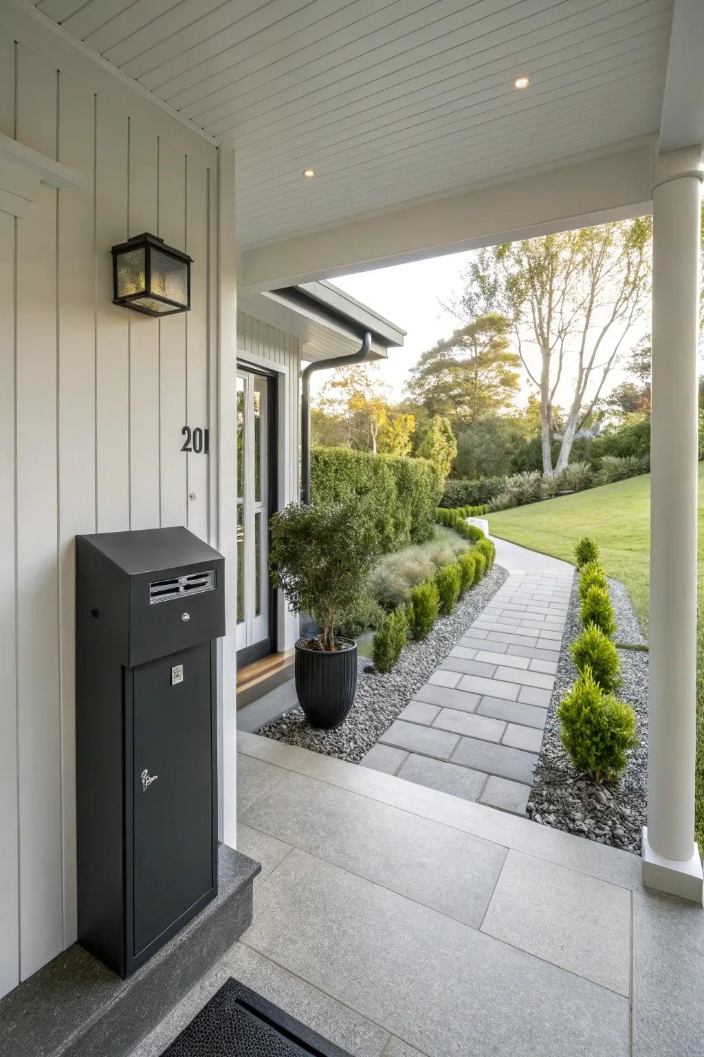 A sleek mailbox enhances the curb appeal of this modern porch.