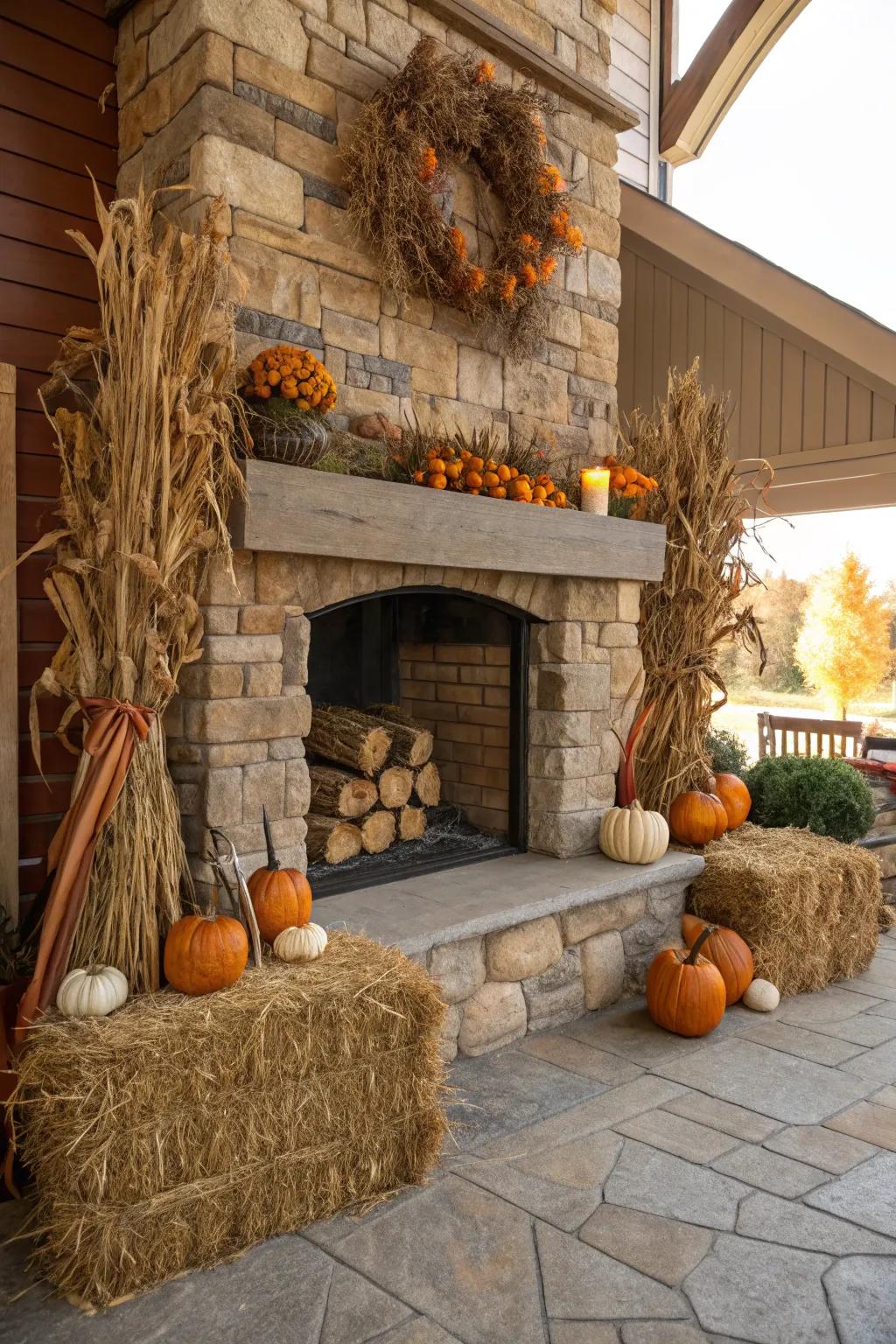 A harvest-themed hearth with Halloween spirit