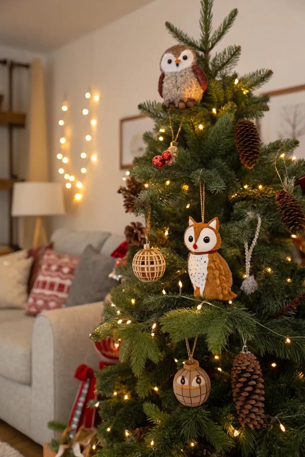 A whimsical Christmas tree with magical woodland creature ornaments.