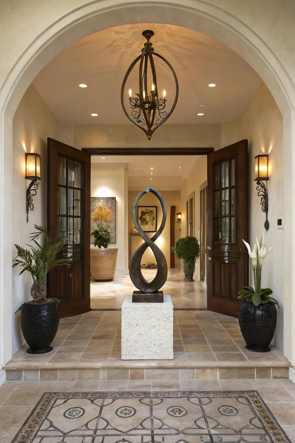 A statement piece like a sculpture serves as a focal point.