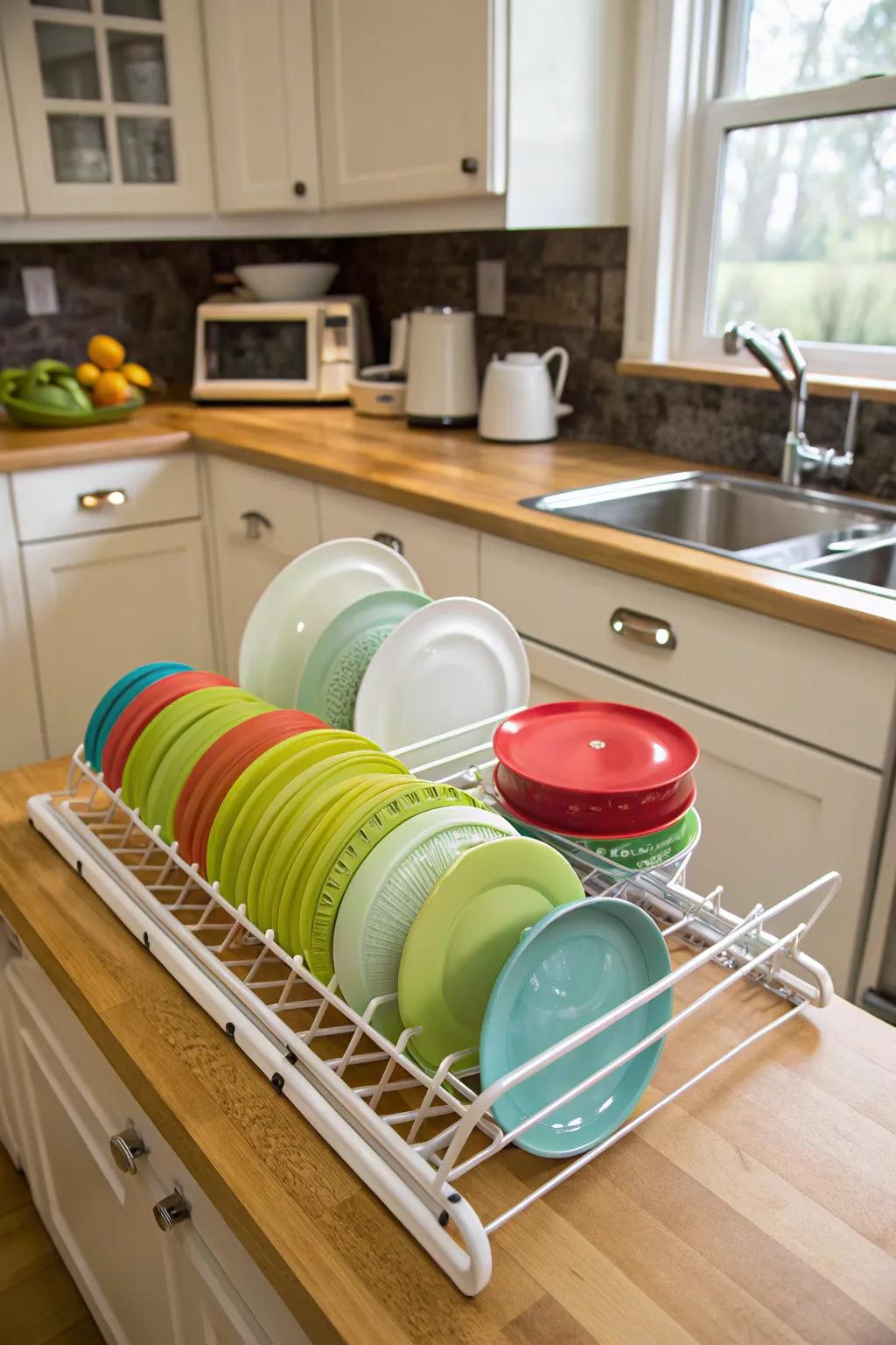 Roll-up drying rack used as a lid organizer.
