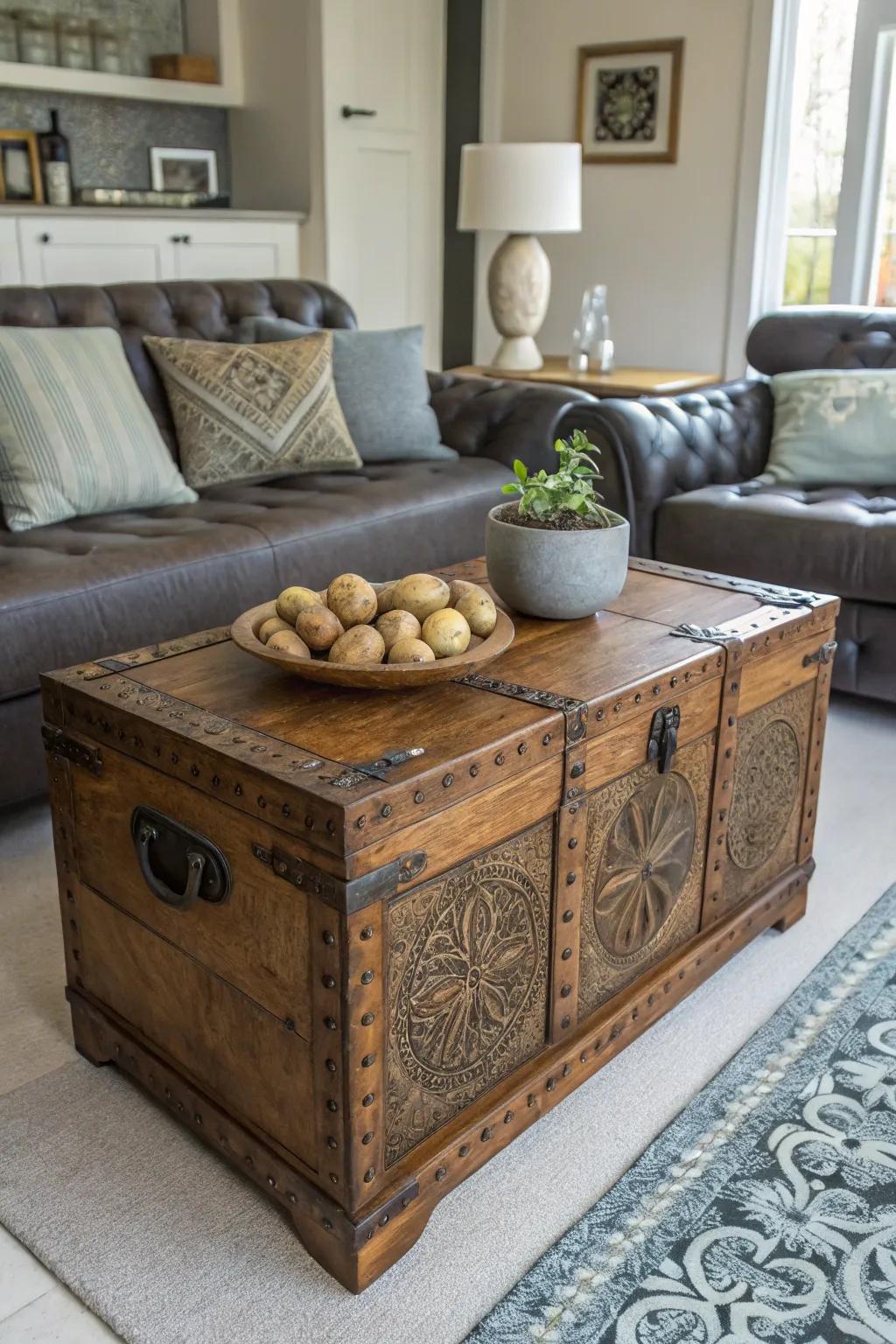 Vintage trunk adds character while storing potatoes.