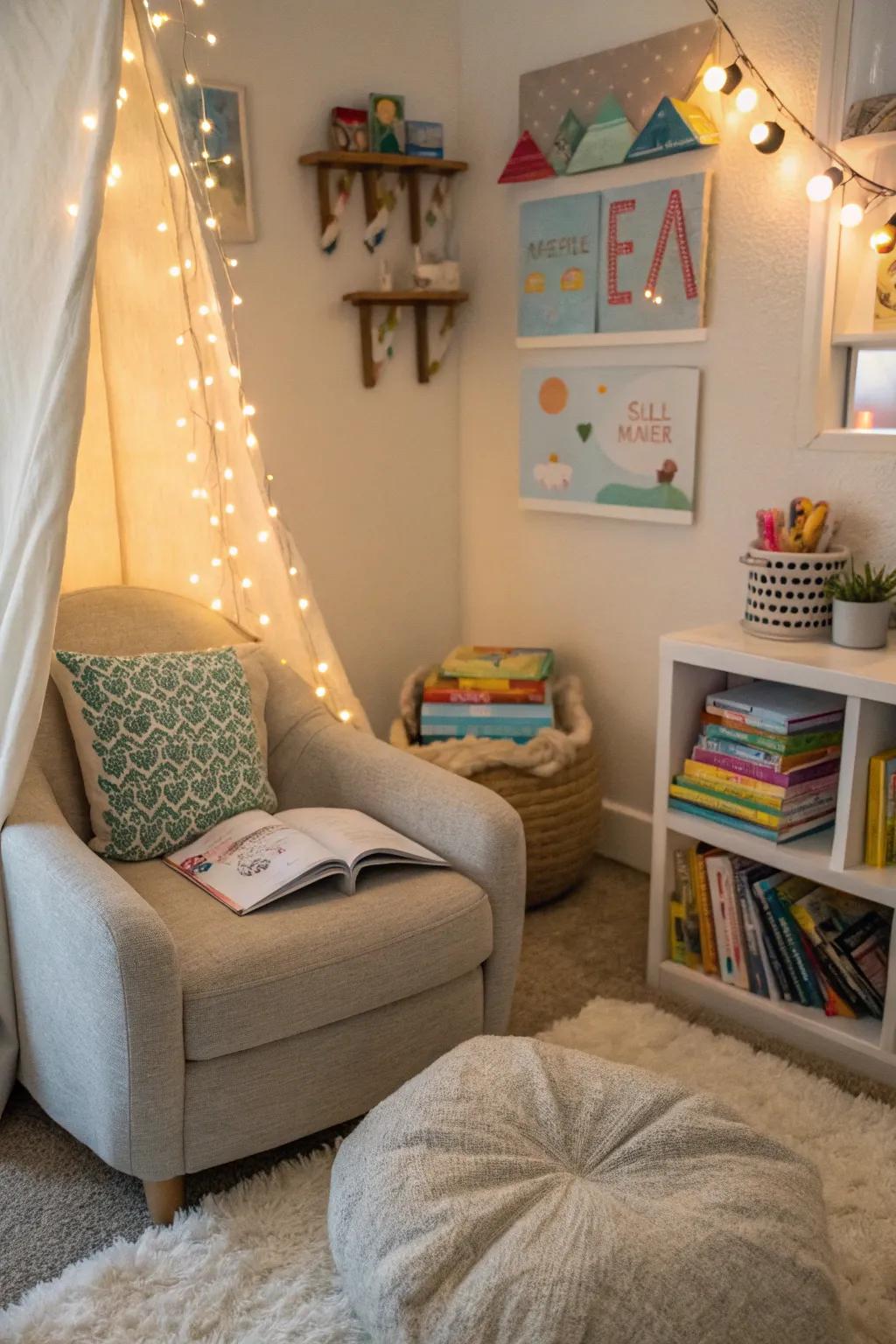 A reading retreat offers a peaceful escape within a play space.
