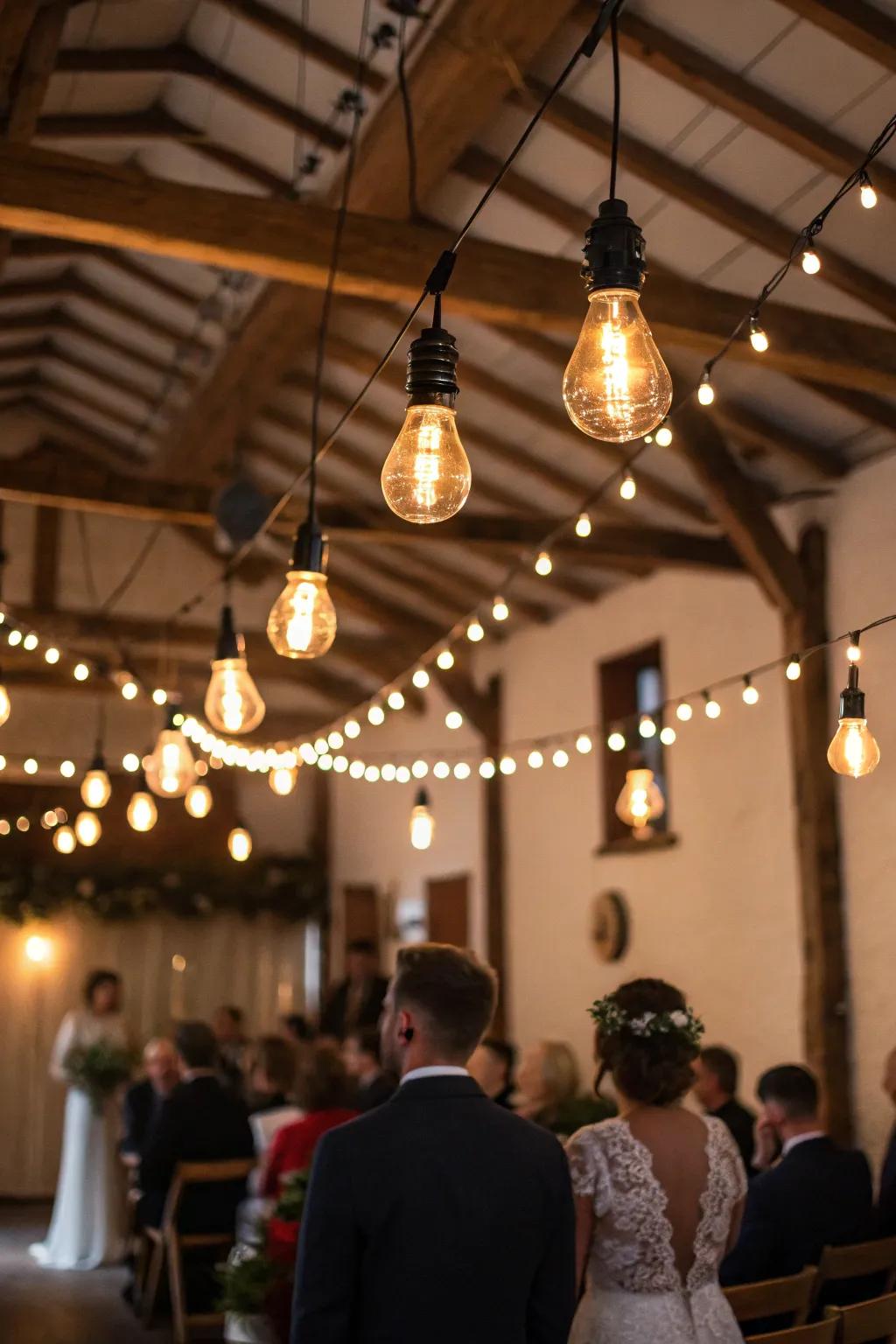 Edison bulbs adding rustic charm with a modern twist to the wedding.