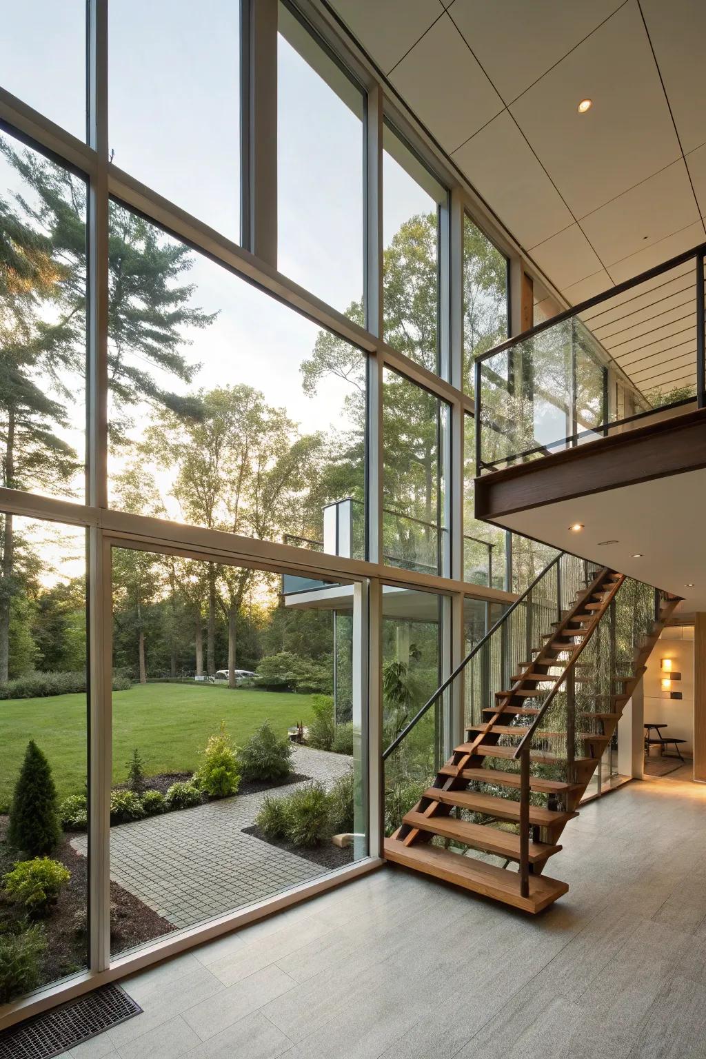 Maintain a sense of openness with glass panels between levels.