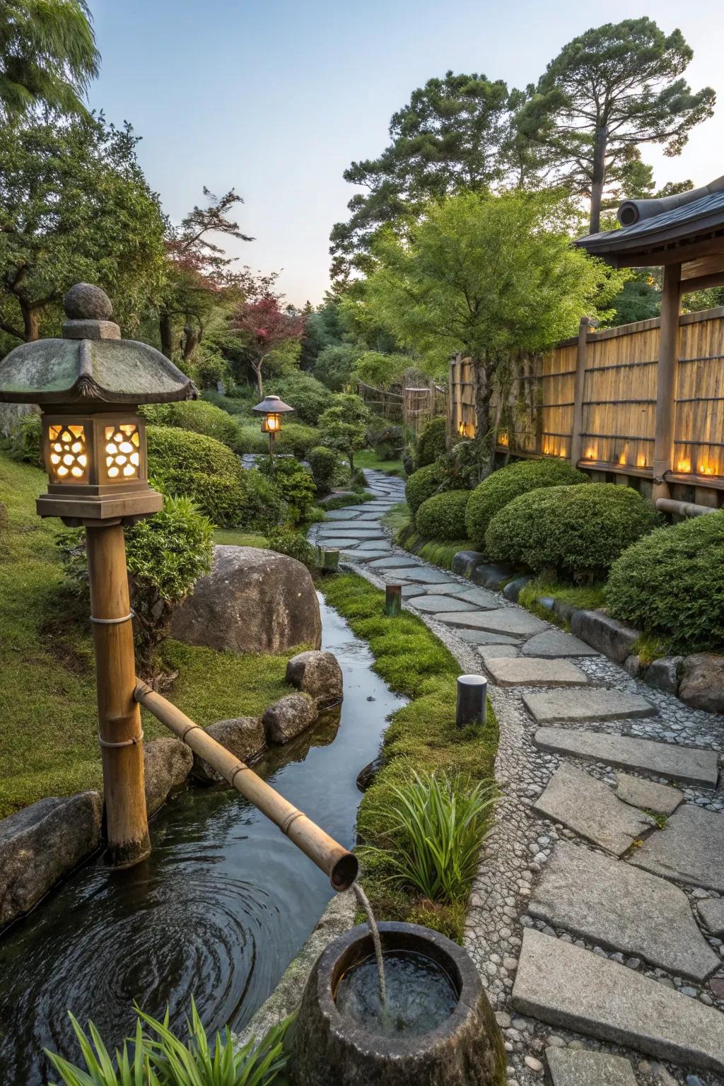 A shishi odoshi water feature in a Japanese garden.