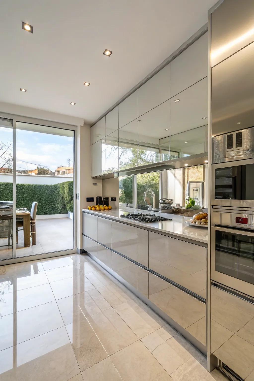 Mirrored finishes enhance light and space, making kitchens feel larger.