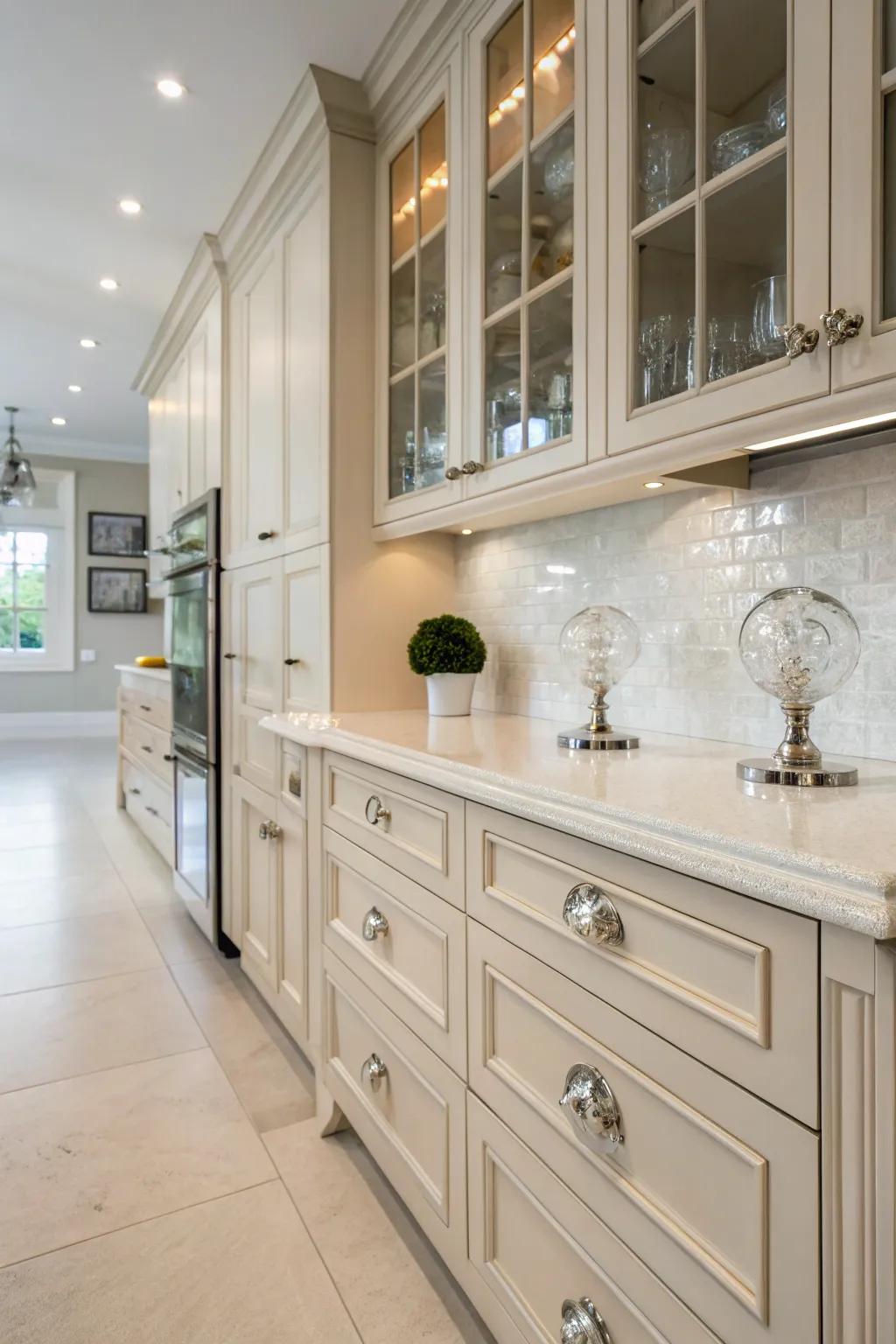 Elegant glass knobs that add glamour and light to the kitchen.