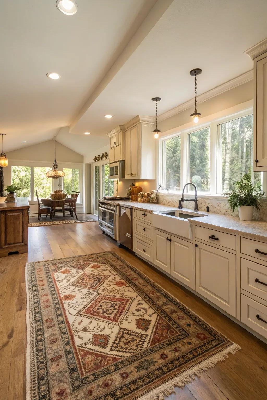 Large area rugs anchor and add warmth to open kitchens.