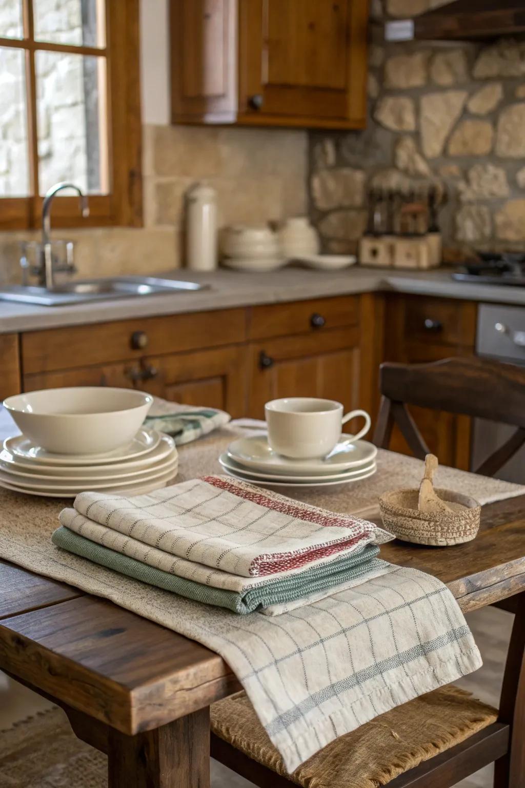 Towels as placemats offer a cozy and rustic feel.
