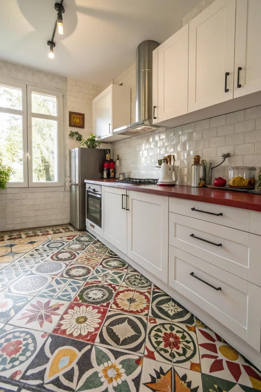 Bold flooring creates a dramatic foundation for the kitchen.